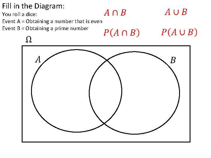 Fill in the Diagram: You roll a dice: Event A = Obtaining a number