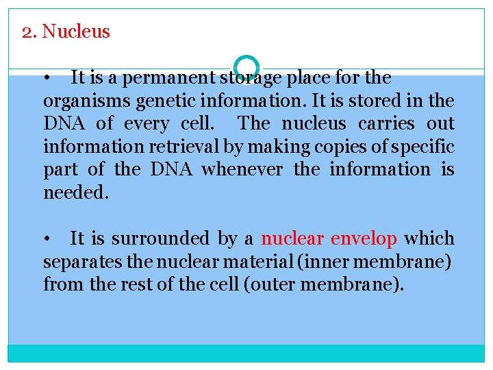 2. Nucleus • It is a permanent storage place for the organisms genetic information.