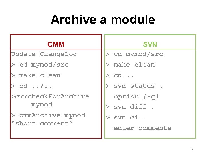 Archive a module CMM Update Change. Log SVN > cd mymod/src > make clean