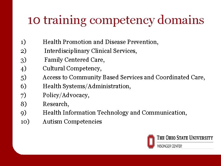 10 training competency domains 1) 2) 3) 4) 5) 6) 7) 8) 9) 10)