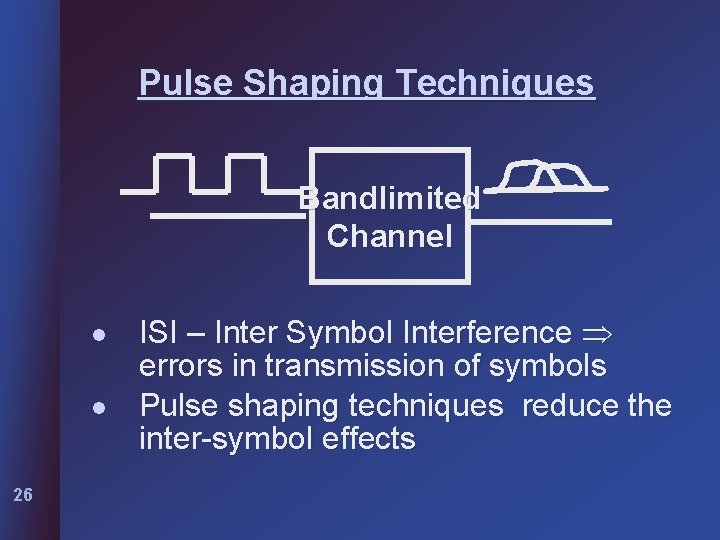 Pulse Shaping Techniques Bandlimited Channel l l 26 ISI – Inter Symbol Interference errors