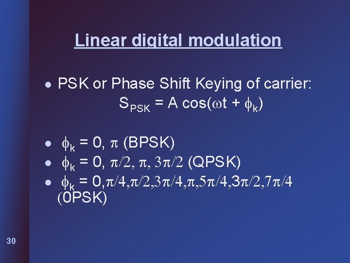 Linear digital modulation l l 30 PSK or Phase Shift Keying of carrier: SPSK