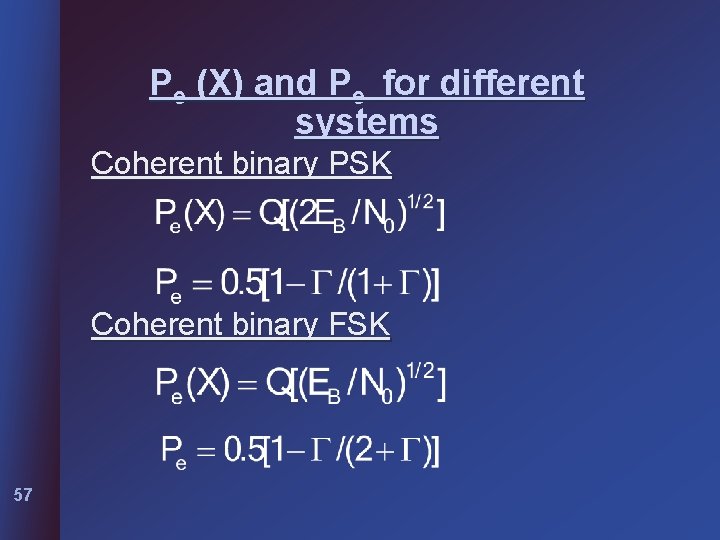 Pe (X) and Pe for different systems Coherent binary PSK Coherent binary FSK 57