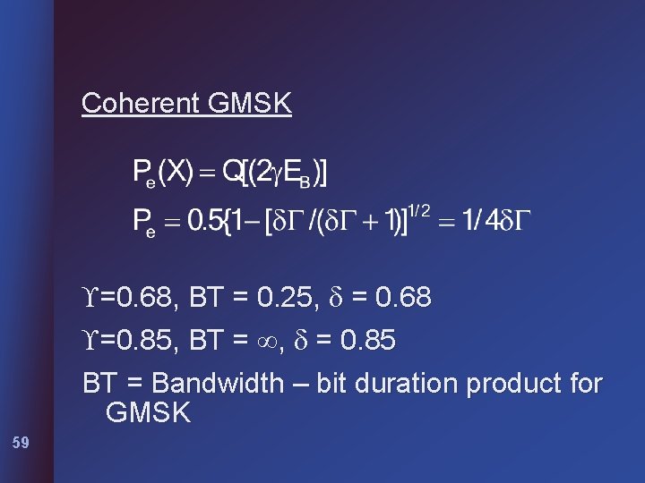 Coherent GMSK =0. 68, BT = 0. 25, = 0. 68 =0. 85, BT