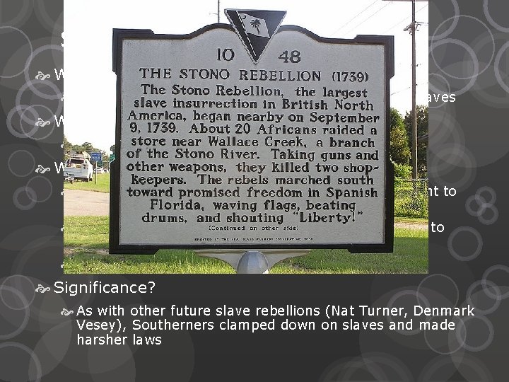 Stono Rebellion (1739) What was it? Rebellion in South Carolina involving roughly 100 slaves