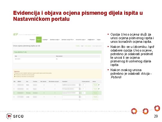 Evidencija i objava ocjena pismenog dijela ispita u Nastavničkom portalu • Opcija Unos ocjena