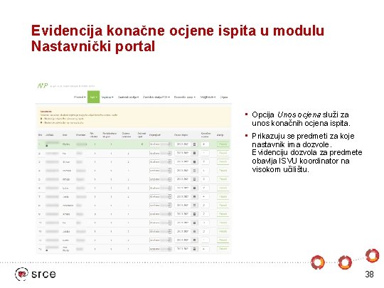 Evidencija konačne ocjene ispita u modulu Nastavnički portal • Opcija Unos ocjena služi za