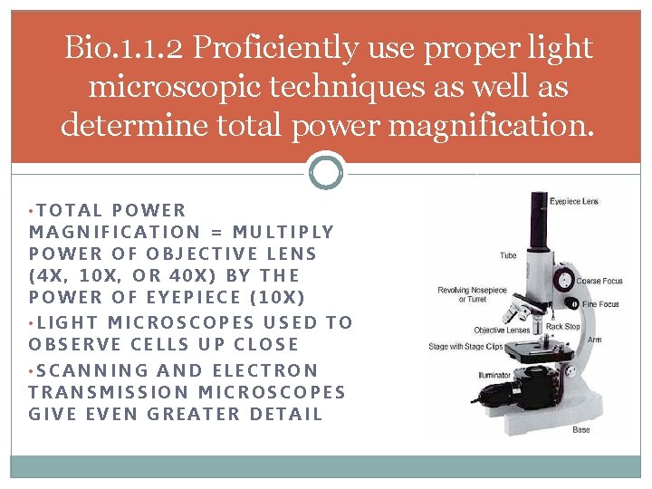 Bio. 1. 1. 2 Proficiently use proper light microscopic techniques as well as determine