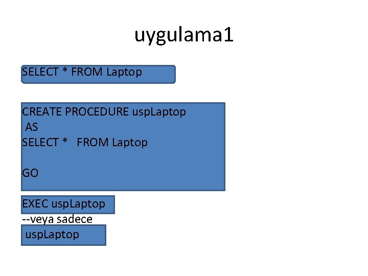 uygulama 1 SELECT * FROM Laptop CREATE PROCEDURE usp. Laptop AS SELECT * FROM