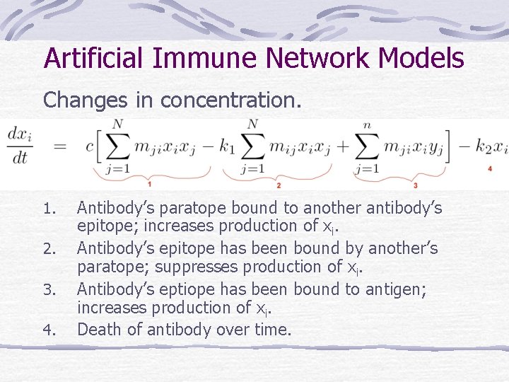 Artificial Immune Network Models Changes in concentration. 1. 2. 3. 4. Antibody’s paratope bound Artificial Immune Network Models Changes in concentration. 1. 2. 3. 4. Antibody’s paratope bound