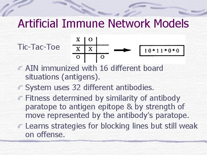 Artificial Immune Network Models Tic-Tac-Toe AIN immunized with 16 different board situations (antigens). System Artificial Immune Network Models Tic-Tac-Toe AIN immunized with 16 different board situations (antigens). System