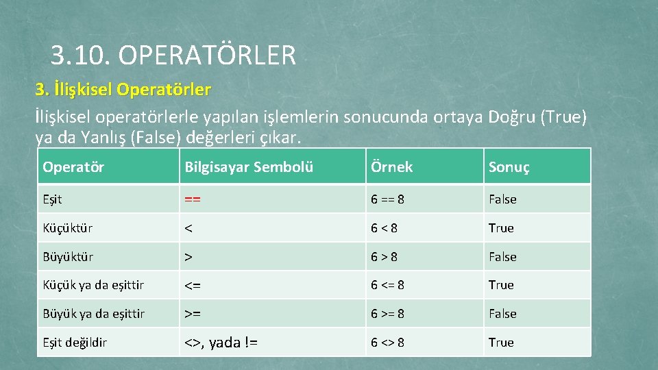 3. 10. OPERATÖRLER 3. İlişkisel Operatörler İlişkisel operatörlerle yapılan işlemlerin sonucunda ortaya Doğru (True)