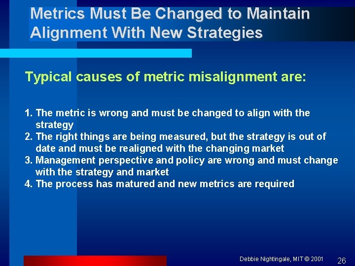 Metrics Must Be Changed to Maintain Alignment With New Strategies Typical causes of metric