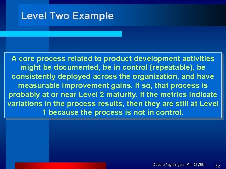 Level Two Example A core process related to product development activities might be documented,