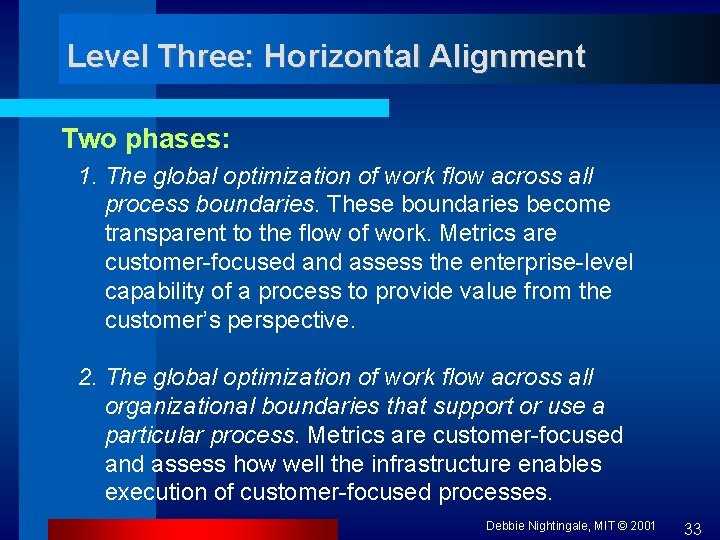 Level Three: Horizontal Alignment Two phases: 1. The global optimization of work flow across