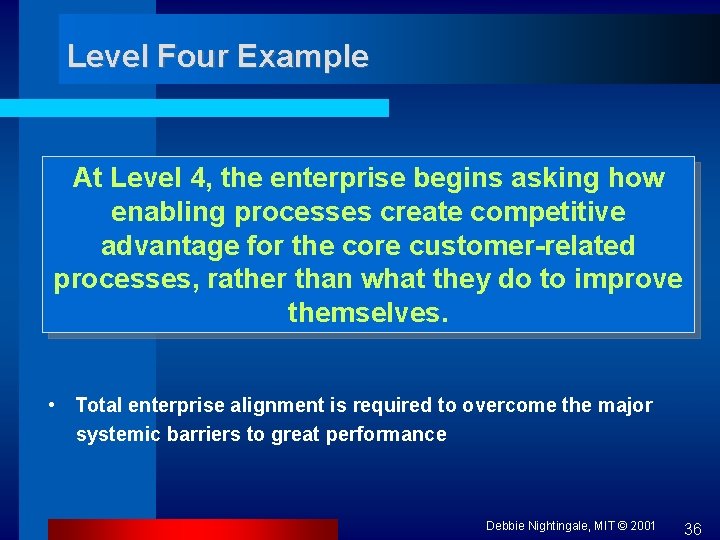 Level Four Example At Level 4, the enterprise begins asking how enabling processes create