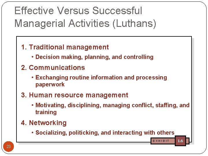 Effective Versus Successful Managerial Activities (Luthans) 1. Traditional management • Decision making, planning, and