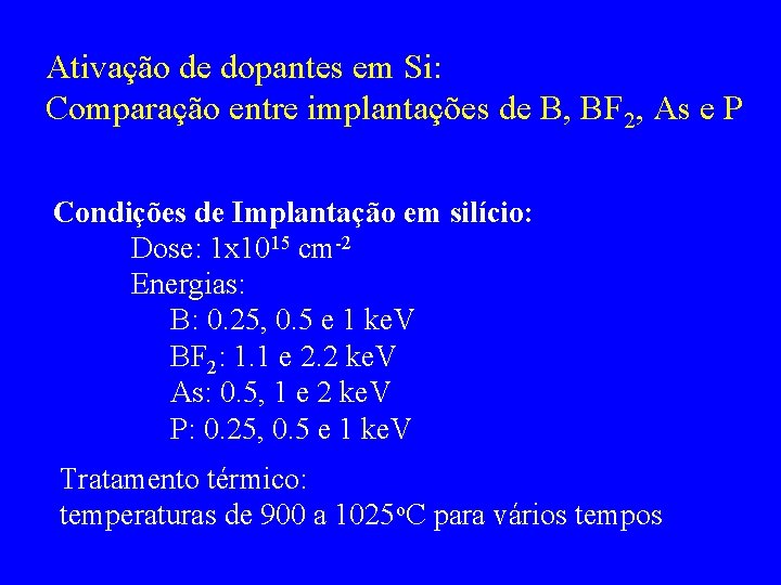 Ativação de dopantes em Si: Comparação entre implantações de B, BF 2, As e