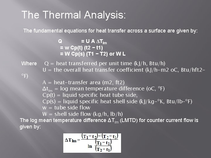The Thermal Analysis: The fundamental equations for heat transfer across a surface are given