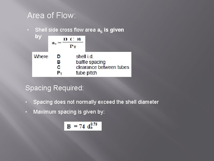 Area of Flow: • Shell side cross flow area a. S is given by