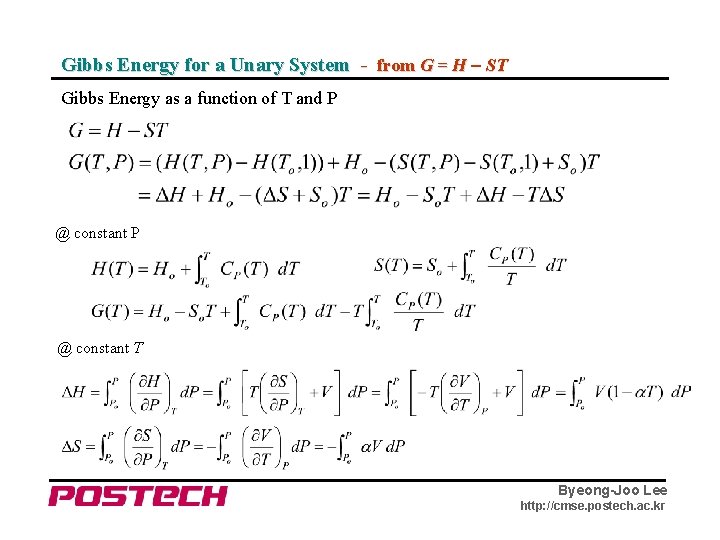 Gibbs Energy for a Unary System - from G = H – ST Gibbs