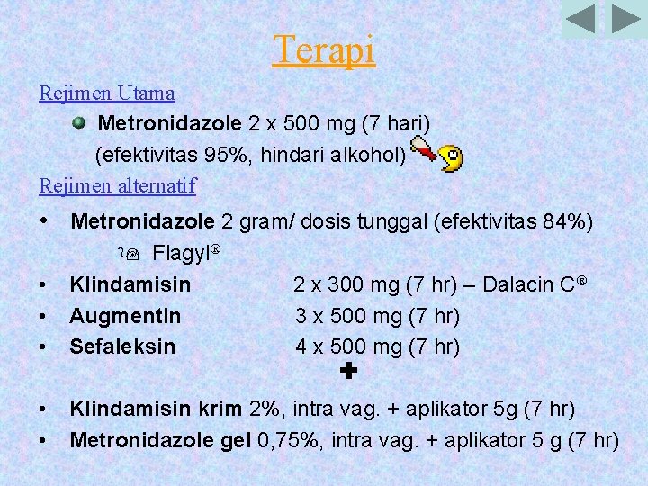 Terapi Rejimen Utama Metronidazole 2 x 500 mg (7 hari) (efektivitas 95%, hindari alkohol)