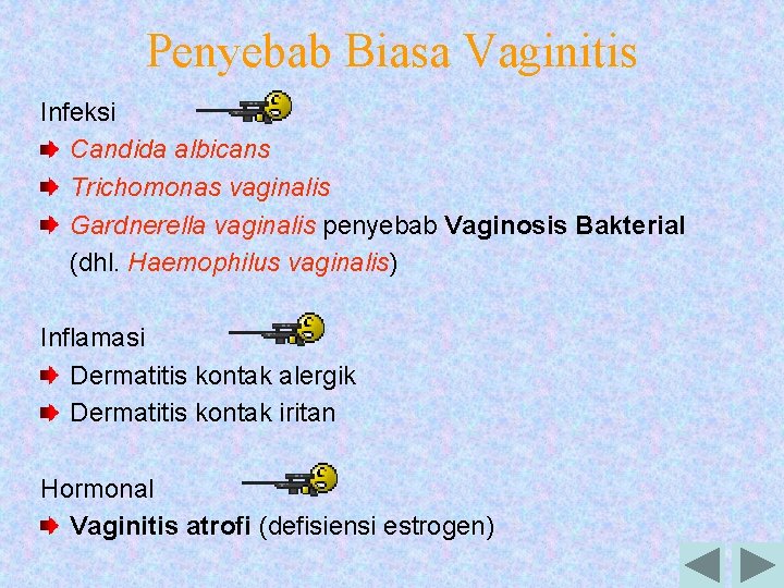 Penyebab Biasa Vaginitis Infeksi Candida albicans Trichomonas vaginalis Gardnerella vaginalis penyebab Vaginosis Bakterial (dhl.