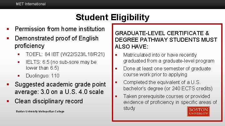MET International Student Eligibility § Permission from home institution § Demonstrated proof of English