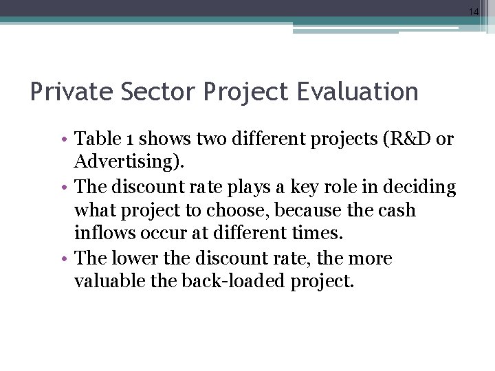 14 Private Sector Project Evaluation • Table 1 shows two different projects (R&D or