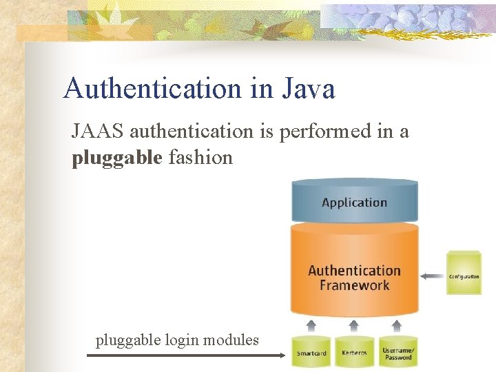 Authentication in Java JAAS authentication is performed in a pluggable fashion pluggable login modules