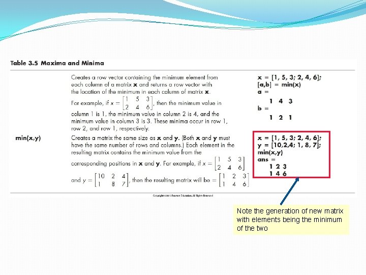 Note the generation of new matrix with elements being the minimum of the two