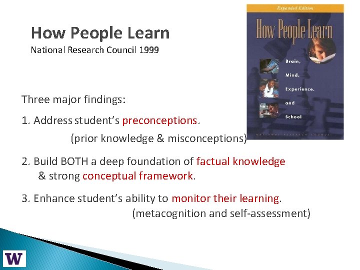 How People Learn National Research Council 1999 Three major findings: 1. Address student’s preconceptions.