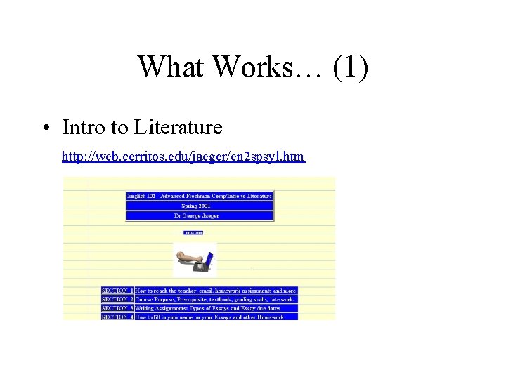 What Works… (1) • Intro to Literature http: //web. cerritos. edu/jaeger/en 2 spsyl. htm