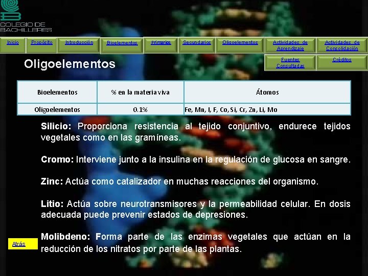 Inicio Propósito Introducción Bioelementos Primarios Oligoelementos Bioelementos % en la materia viva Oligoelementos 0.