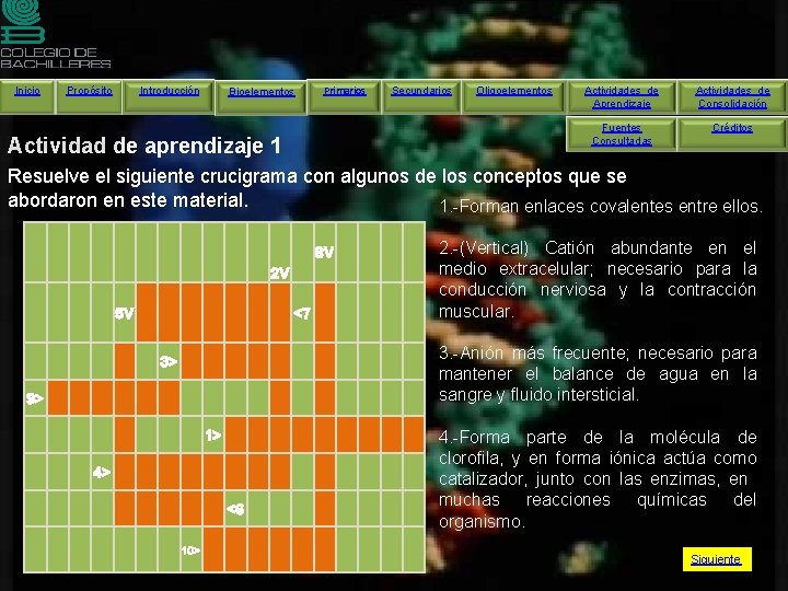 Inicio Introducción Propósito Bioelementos Primarios Actividad de aprendizaje 1 Secundarios Oligoelementos Actividades de Aprendizaje