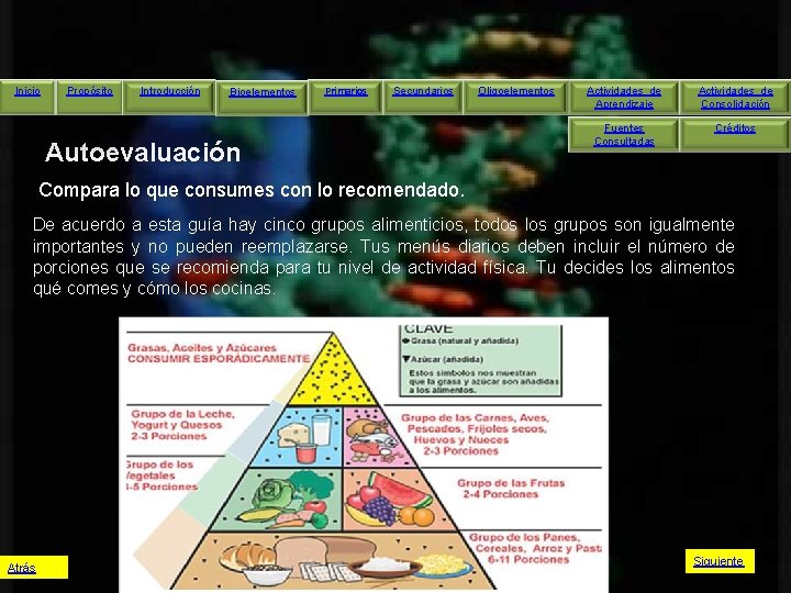 Inicio Propósito Introducción Bioelementos Primarios Secundarios Autoevaluación Oligoelementos Actividades de Aprendizaje Actividades de Consolidación