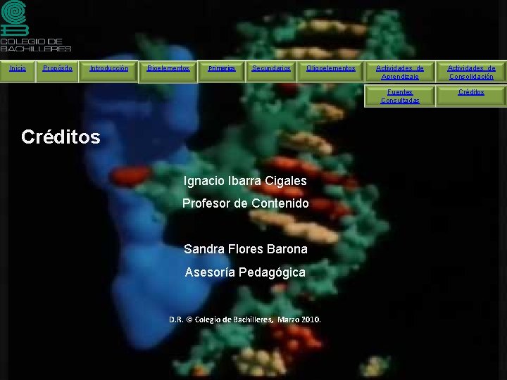 Inicio Propósito Introducción Bioelementos Primarios Secundarios Oligoelementos Créditos Ignacio Ibarra Cigales Profesor de Contenido