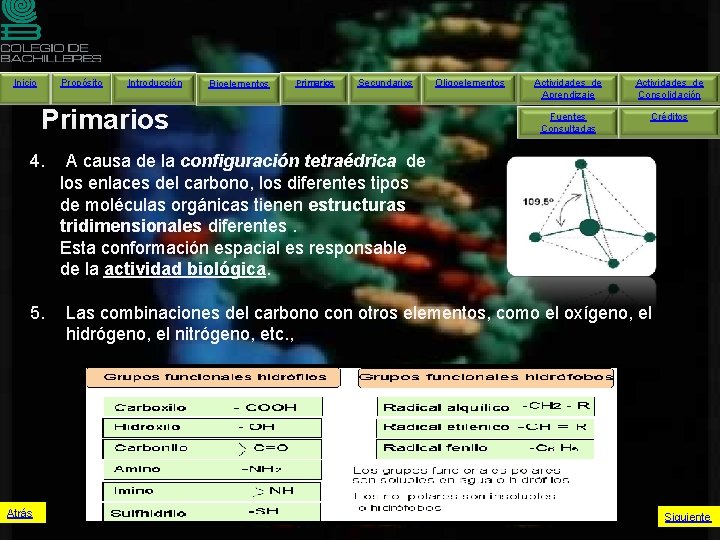 Inicio Propósito Introducción Bioelementos Primarios Secundarios Primarios 4. 5. Atrás Oligoelementos Actividades de Aprendizaje