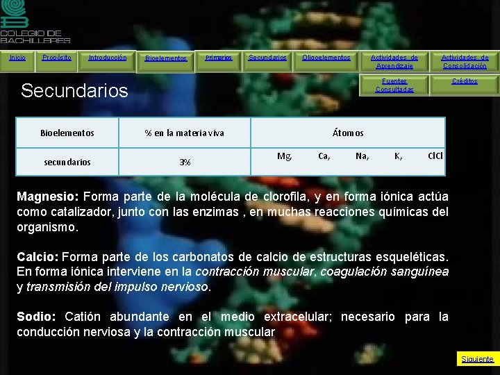 Inicio Propósito Introducción Bioelementos Primarios Secundarios Oligoelementos Secundarios Bioelementos % en la materia viva