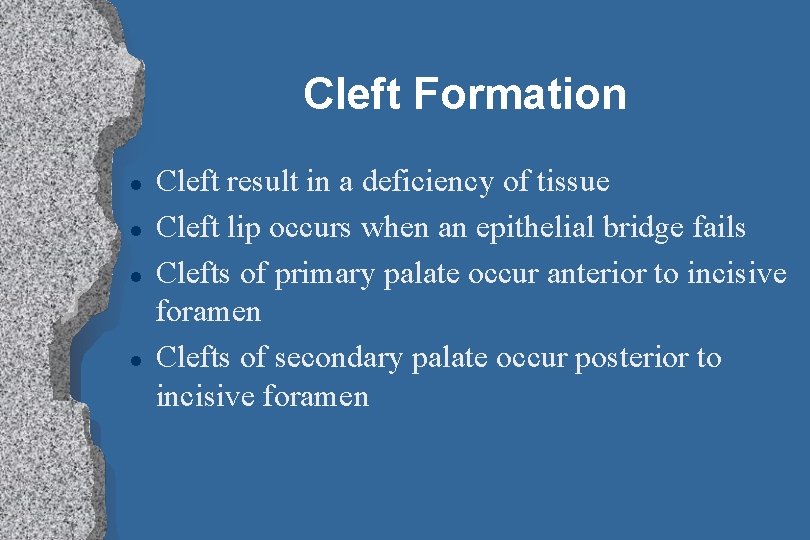 Cleft Formation l l Cleft result in a deficiency of tissue Cleft lip occurs