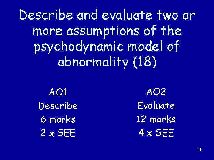 Describe and evaluate two or more assumptions of the psychodynamic model of abnormality (18)