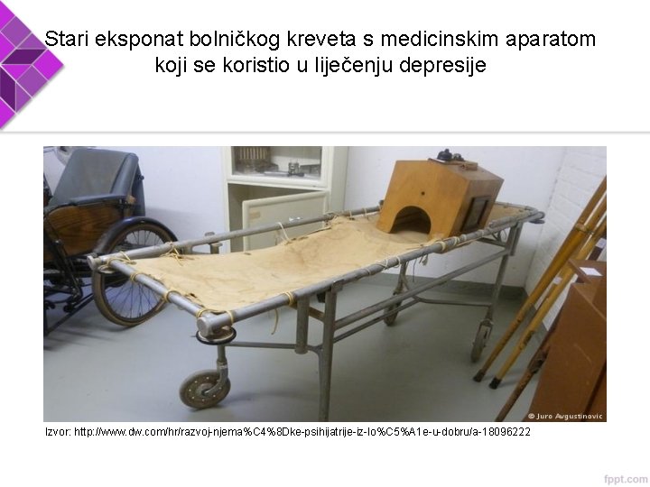 Stari eksponat bolničkog kreveta s medicinskim aparatom koji se koristio u liječenju depresije Izvor: