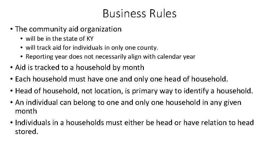 Business Rules • The community aid organization • will be in the state of