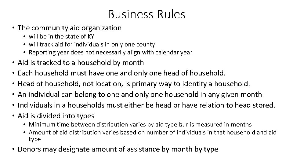 Business Rules • The community aid organization • will be in the state of