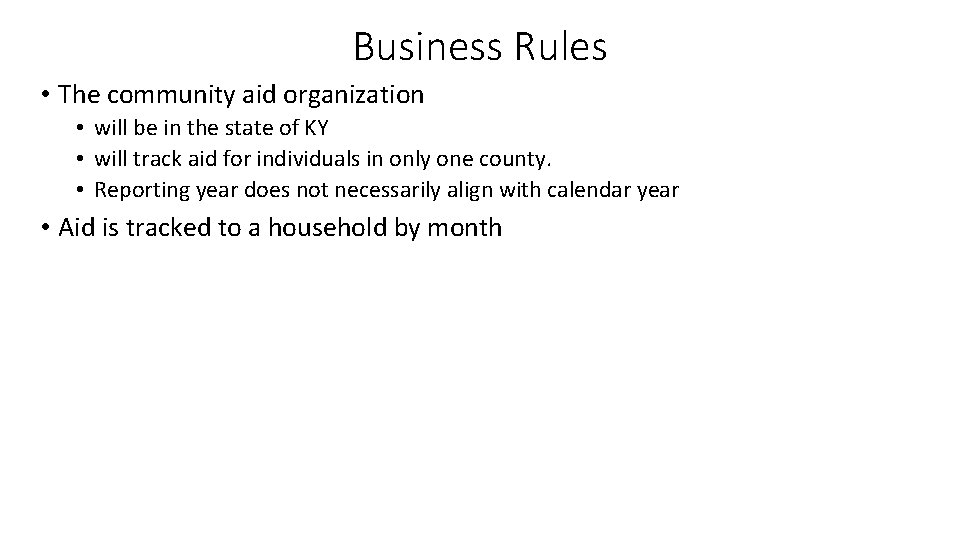 Business Rules • The community aid organization • will be in the state of