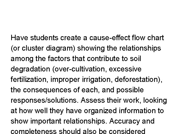 Have students create a cause-effect flow chart (or cluster diagram) showing the relationships among