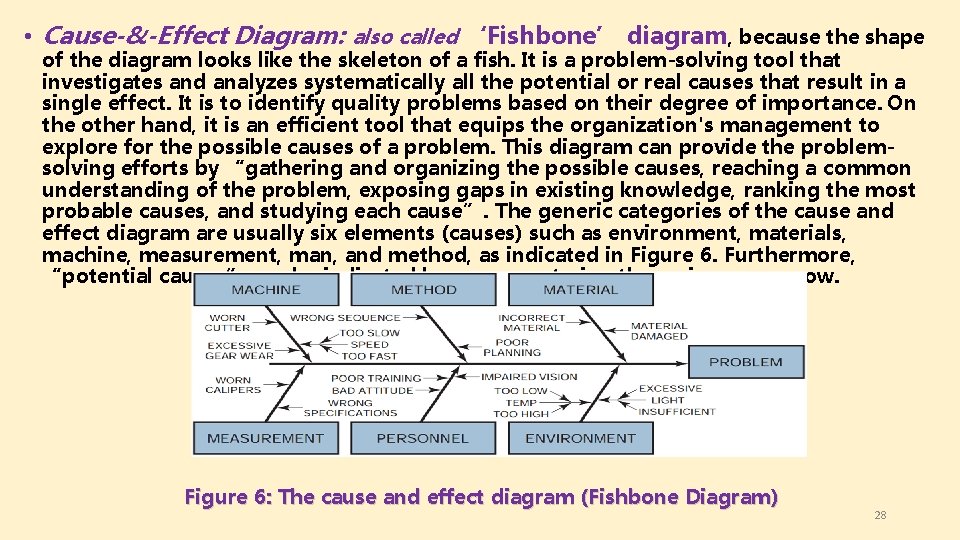  • Cause-&-Effect Diagram: also called ‘Fishbone’ diagram, because the shape of the diagram