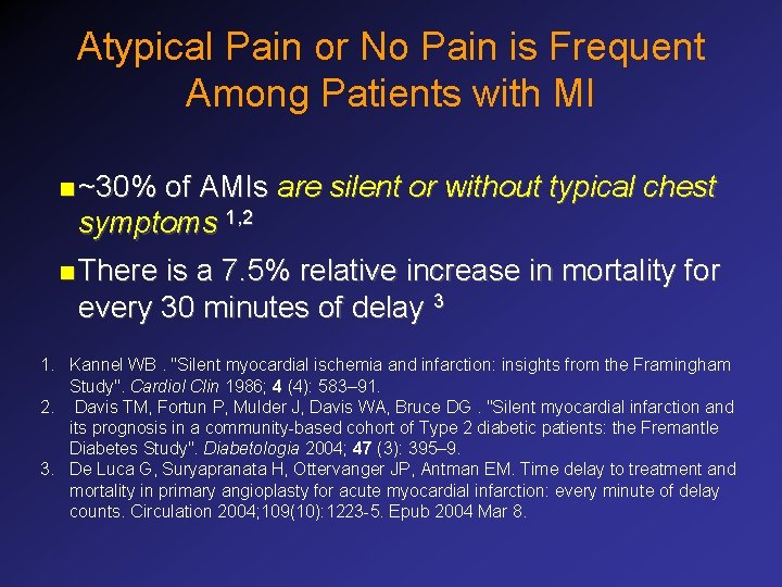 Atypical Pain or No Pain is Frequent Among Patients with MI n ~30% of