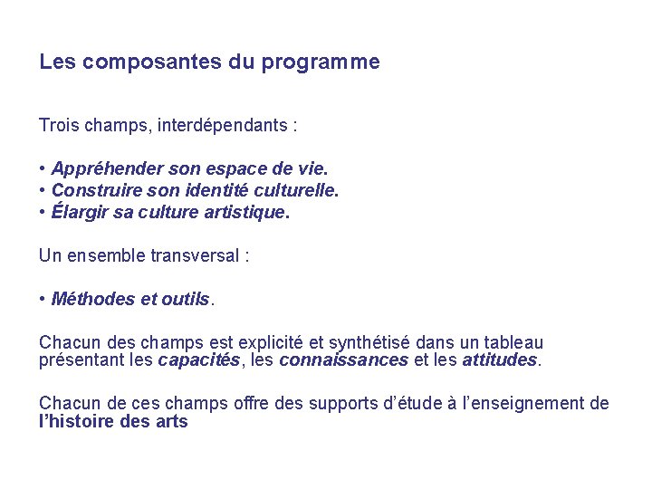 Les composantes du programme Trois champs, interdépendants : • Appréhender son espace de vie.