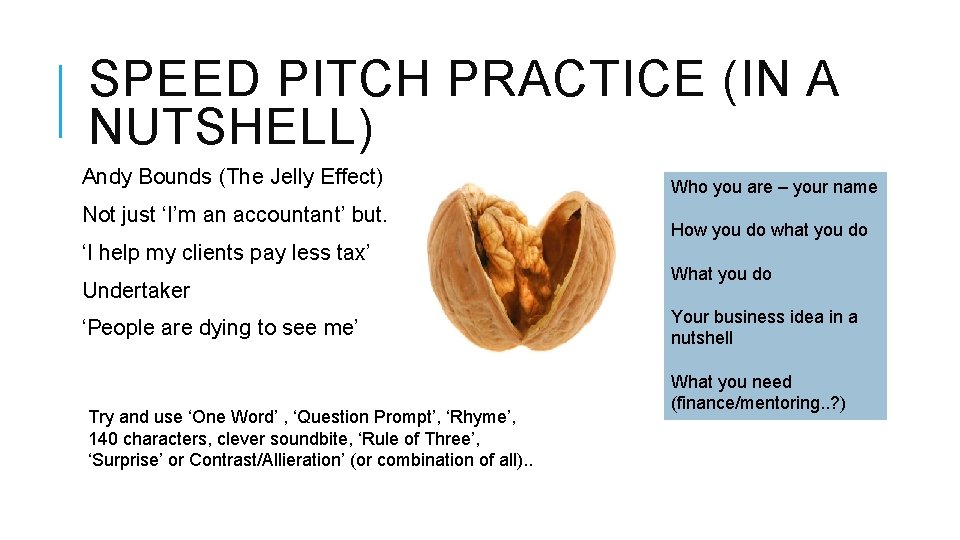 SPEED PITCH PRACTICE (IN A NUTSHELL) Andy Bounds (The Jelly Effect) Not just ‘I’m